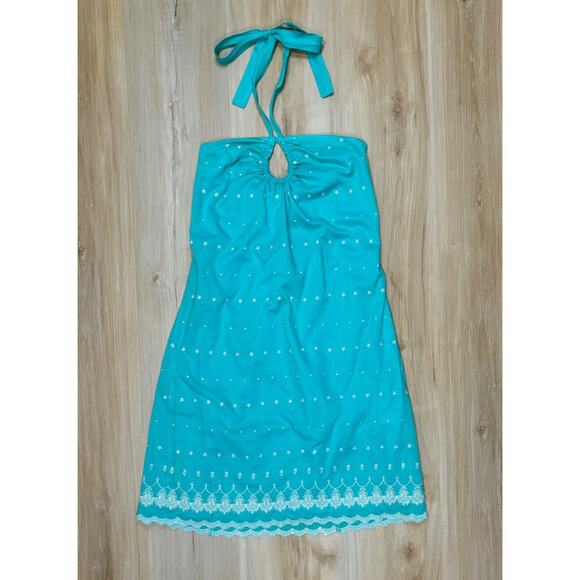 Vintage Tocca Mini Dress sz 2 Blue Embroidered Tie Neck - Picture 7 of 14